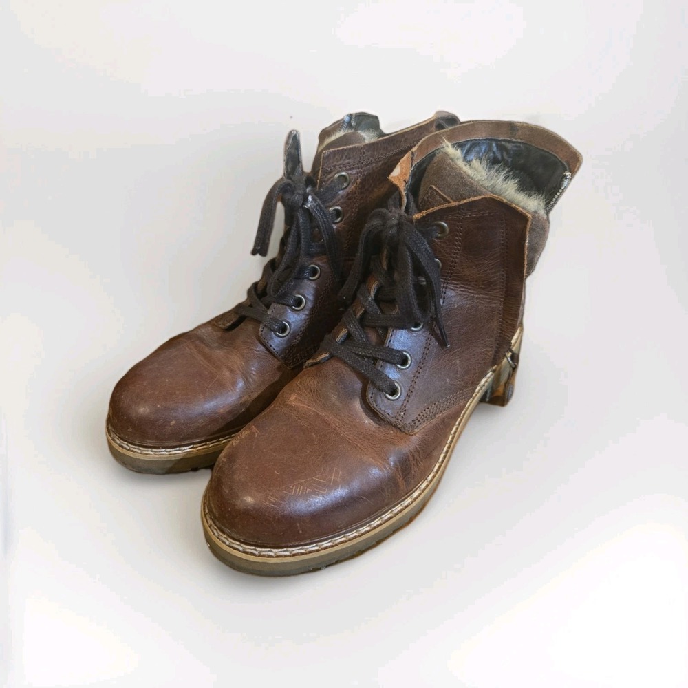 Bull Boxer Brette Leather Boots Womens Size 7 M Cognac Brown Zip Up Lace Fur
